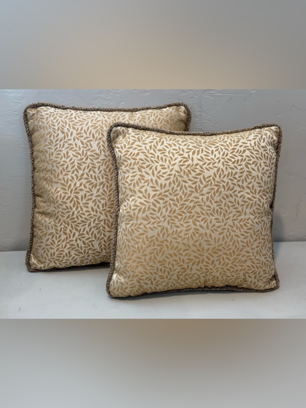 Vintage Pair of Neutral Leaf-Pattern Decorative Throw Pillows - Cream & Tan 11”